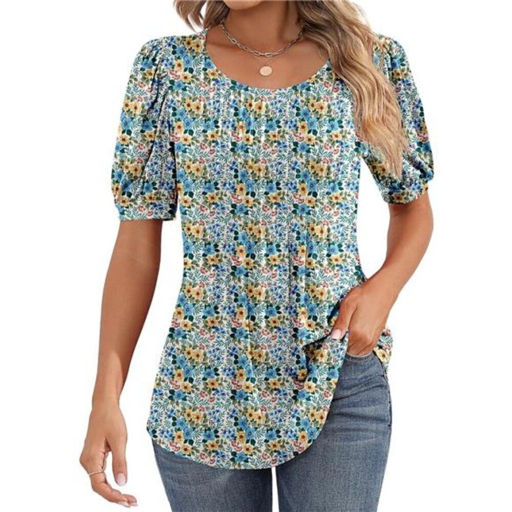 Women's Puff Short Sleeve Tunic Tops Pleated Crew Neck Blouses Casual Loose